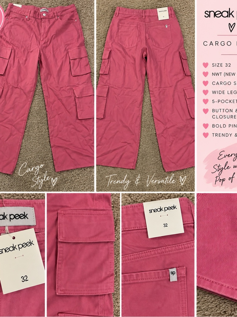 Sneak Peek Bold Pink Cargo Jeans Shorts